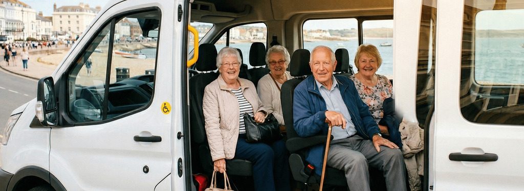 Seniors from a care home enjoy day trip out in an adapted minibus